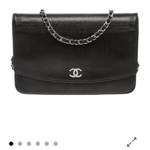 CHANEL Black Caviar Leather Wallet on  Chain Shoulder Bag with Silver Hardware